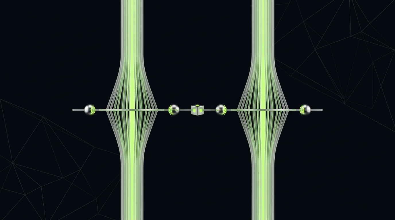 Two tall columns of light netting to a flat zero line with validator nodes in equilibrium, on a dark zinc field