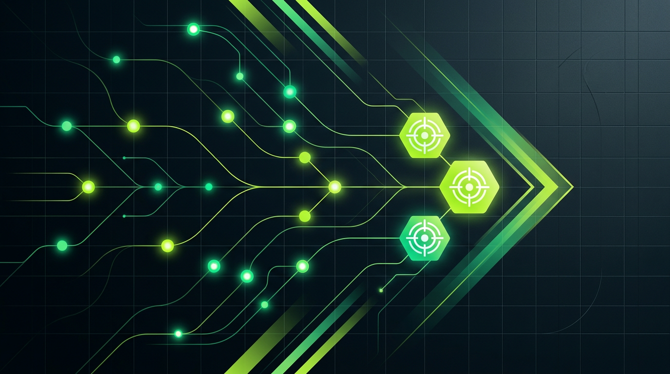 A board of glowing lime-green nodes connected by thin lines, a curated shortlist of agentic projects, on a dark zinc field
