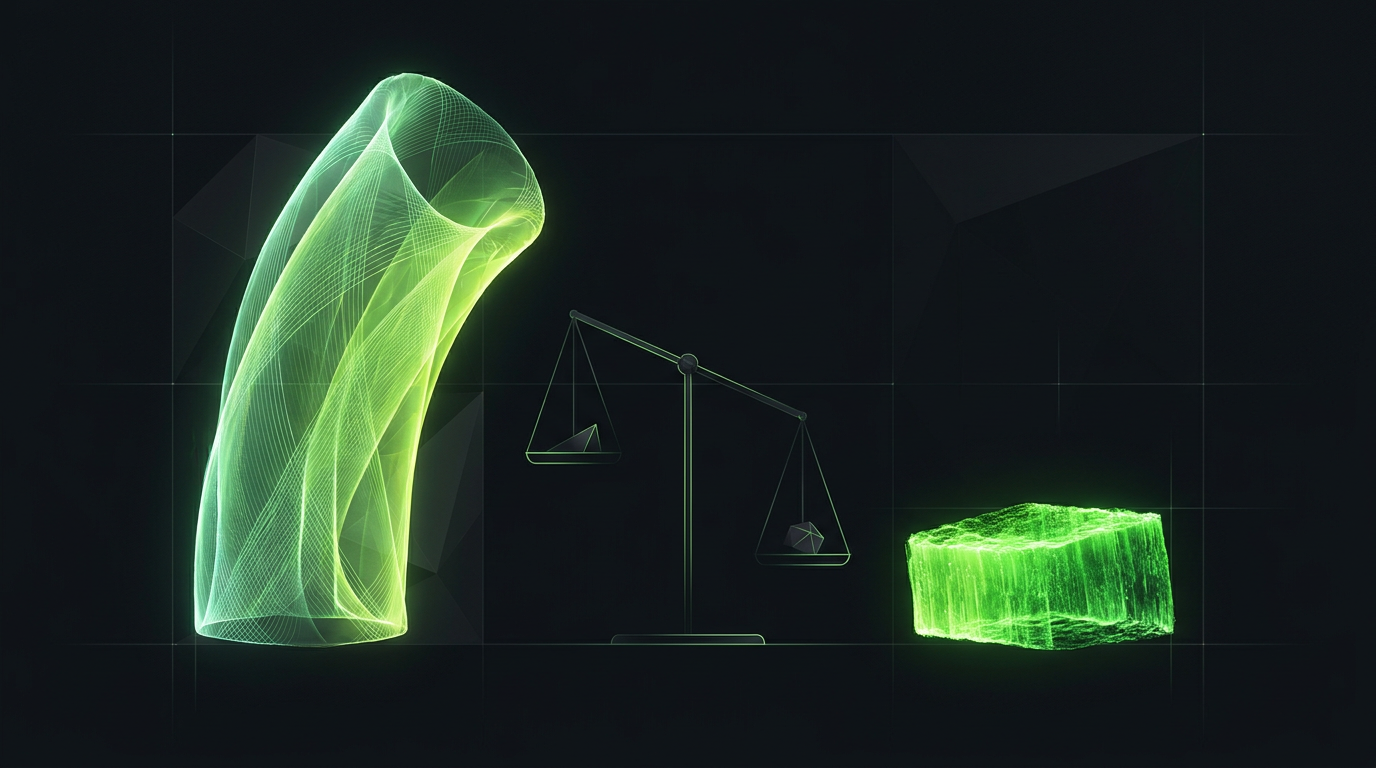 A tall hollow wireframe stream beside a small solid crystal, with a balance scale between them, on a dark zinc field