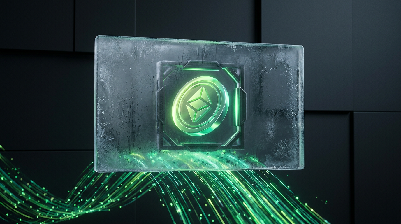 A frozen translucent glass snapshot pane suspended over a live flowing luminous data stream with a locked token behind the glass, on a dark zinc field