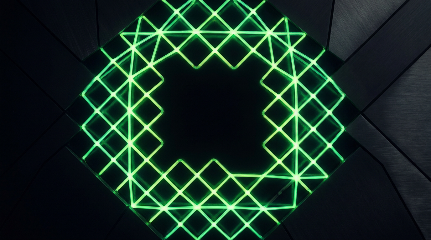 A glowing lattice grid of zero-knowledge constraints with one node dimmed where it refuses to complete, on a dark zinc field
