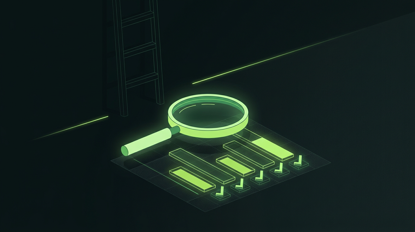 A lime-green magnifying lens over an abstract scoring rubric and a prize-tier ladder, on a dark zinc field